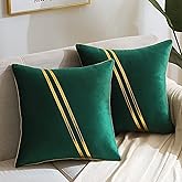 WACOMECO Pack of 2 Gold Throw Pillow Covers - Soft Decorative Luxury Velvet Cushion Covers Pillow Cases with Gold Leather for Sofa Bedroom Livingroom Car, 18 x 18 in, Dark Green