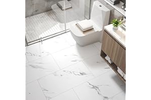 FunStick 30x60cm Carrara Marble Peel and Stick Floor Tile White Floor Tiles Peel and Stick Flooring Waterproof Removable Viny