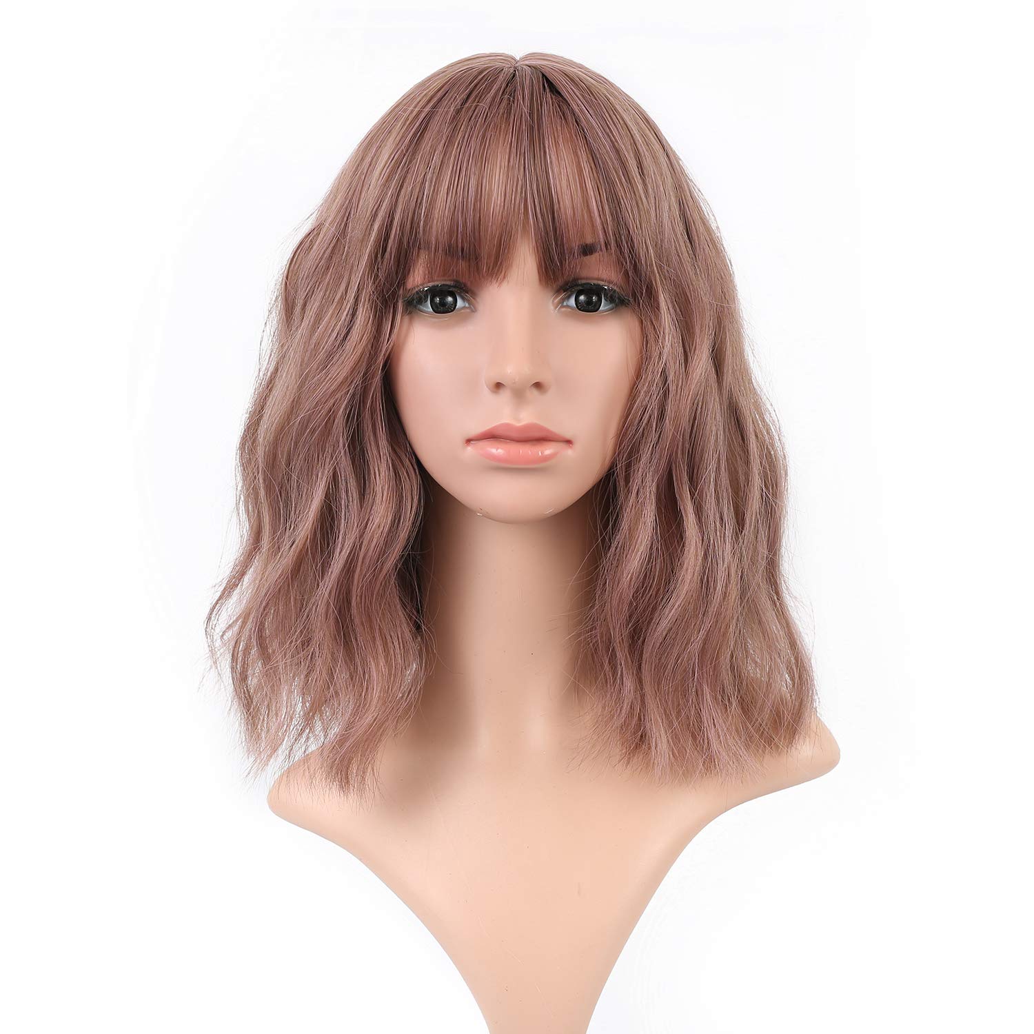 FAELBATY Short Wig With Bangs Bob Curly Wavy Synthetic Purple Cosplay Wig loose wave wig for women Costume Wigs Dark Purple Color (12'')