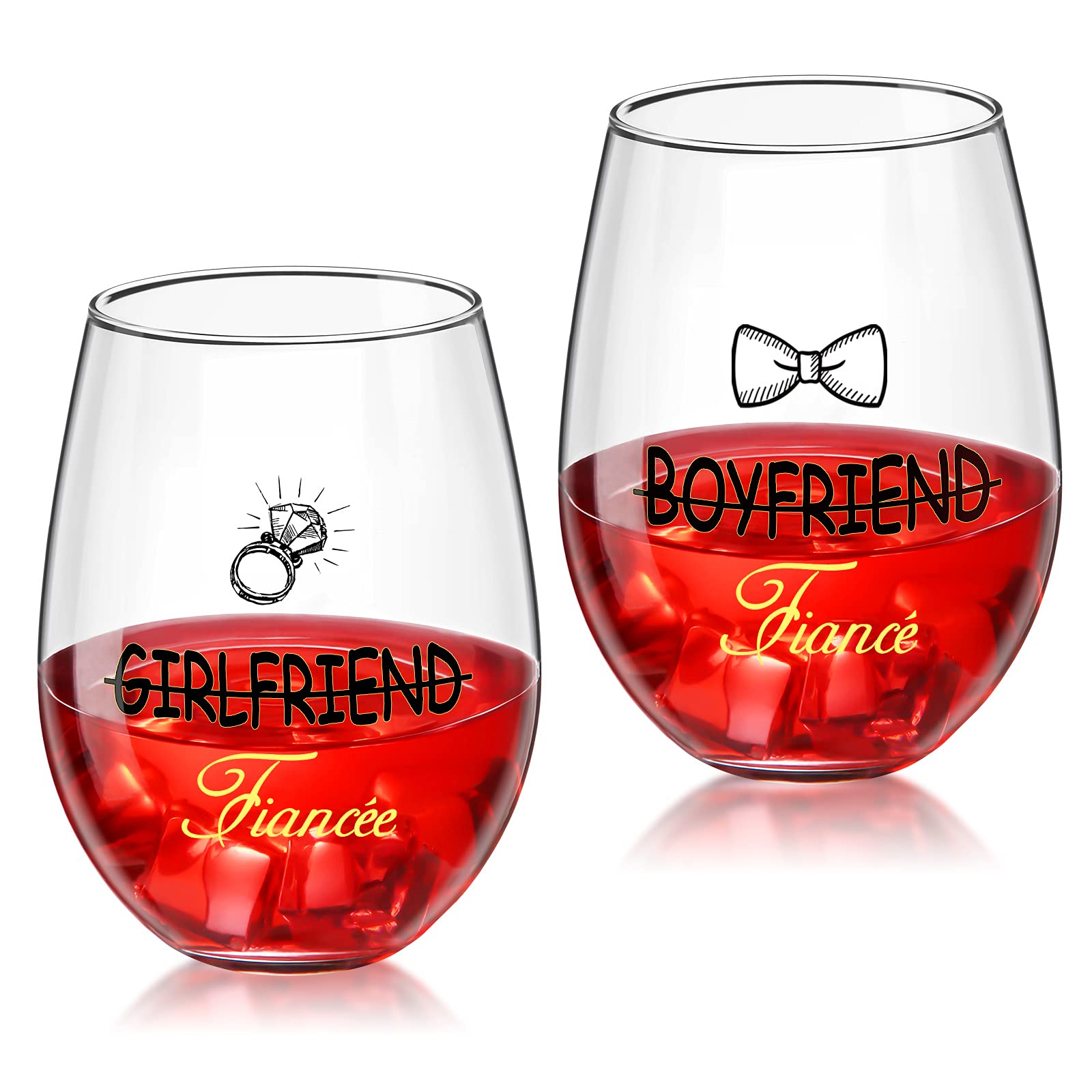 Patelai 2 Pcs Wedding Gifts for His and Hers Wine Glasses Boyfriend and Girlfriend Stemless Engagement Gift for Fiancee Fiance Couple Bridal Shower Wedding Party Anniversary Decorations, 17 oz
