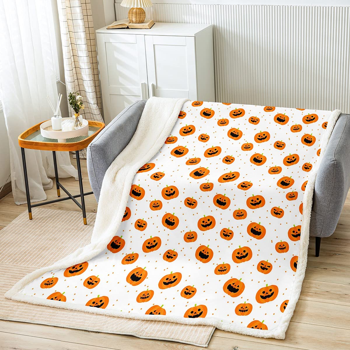 Pumpkin Lantern Sherpa Blanket Happy Halloween Fleece Throw Blanket for Kids Boys Girls Cute Pumpkin Dots Fuzzy Blanket for Sofa Bed Cartoon Lovely,Single 50x60 Inch