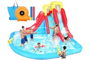 ROOJER Inflatable Water Slide for Kids Backyard 12-in-1 Blow Up Water Park with 520W Blower, Climbing Wall, Splash Pool, 2 Water Squirters, 2 Water Cannons, Double Water Slides with Sprinklers Outdoor Party