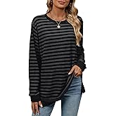 BAISHENGGT Fall Tunic Tops for Women Casual Striped Crewneck Pullover Long Sleeve T Shirts Side Slits