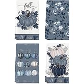 Artoid Mode Blue Leaves Pumpkin Fall Kitchen Towels Dish Towels, 18x26 Inch Farmhouse Autumn Thanksgiving Decoration Hand Towels Set of 4