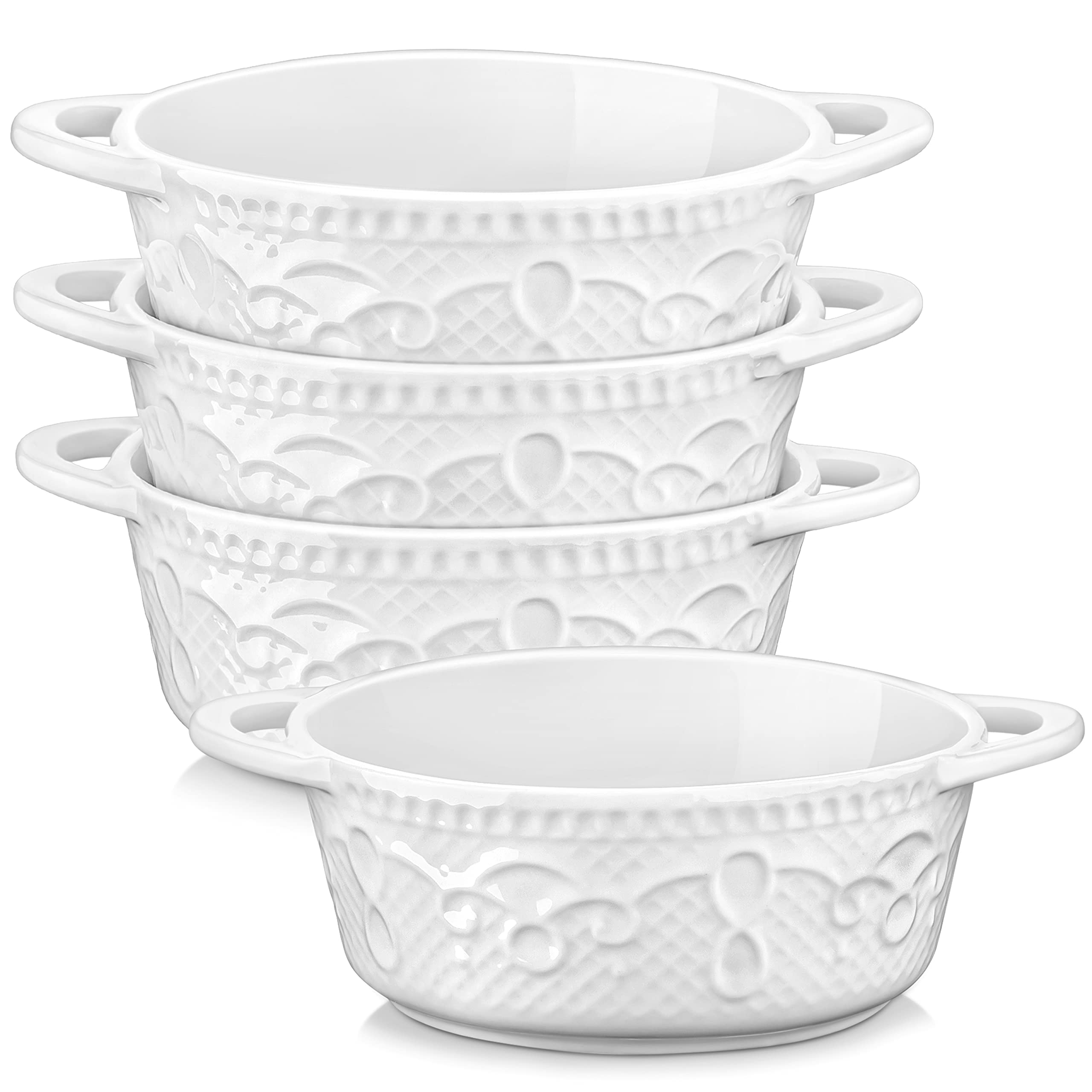 MALACASA, BAKE Series, 4 Pcs Round Oven Dishes, Small White Oven Dish, 15 x 11.5 x 4.5 cm 290 ml, Mini Porcelain Oven Plate Vine Design for 4 People