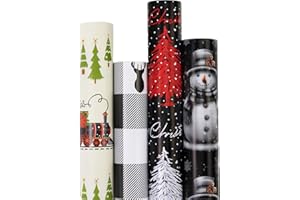 ZINTBIAL Christmas Wrapping Paper Jumbo Rolls - 4 Rolls of Rustic Holiday Gift Wrap with Train, Plaid Reindeer, Christmas Tree, and Snowman - 30 in x 10 ft Per Roll (100 sq. ft Total)