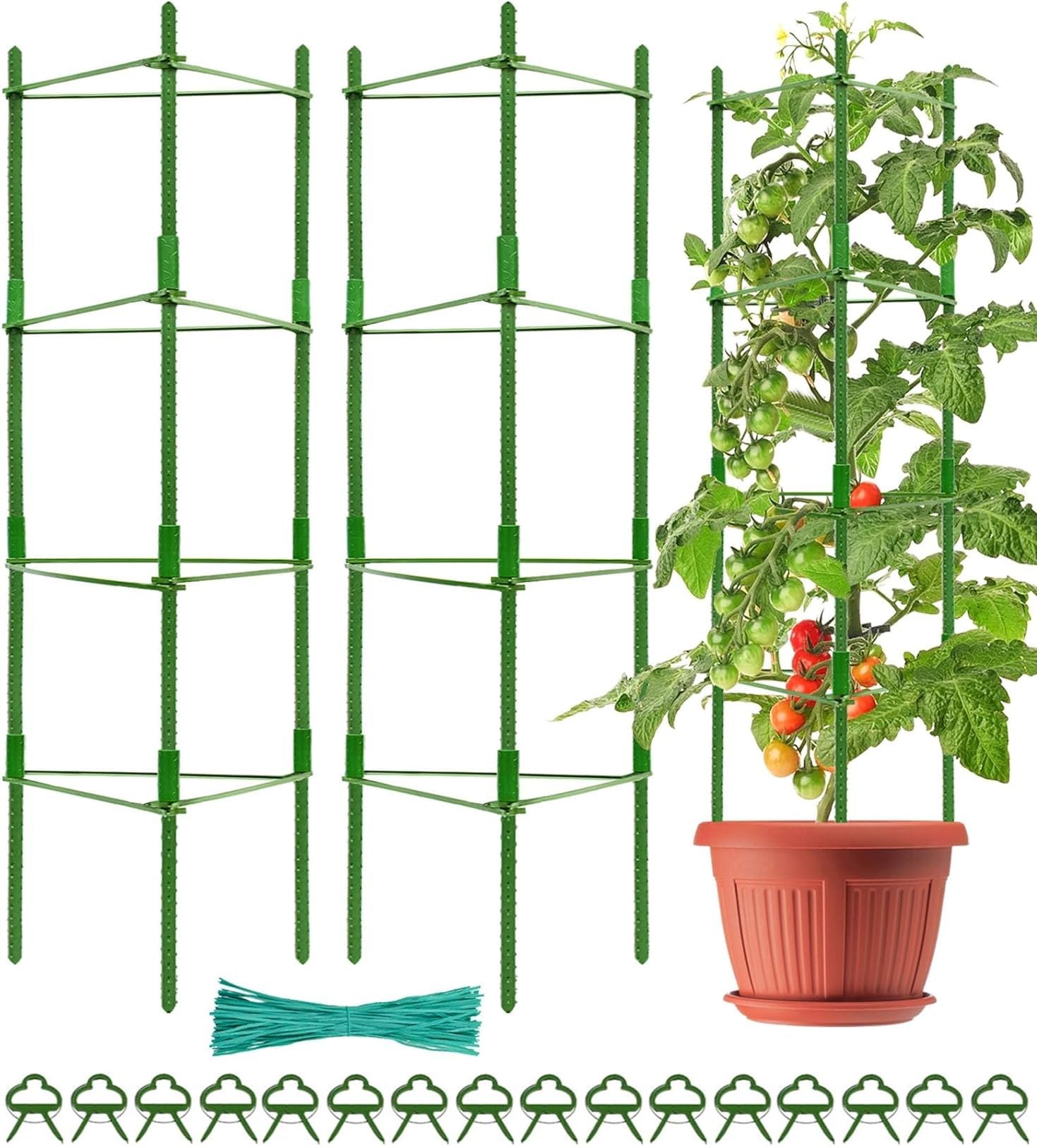 KAHEIGN 2Pcs Tomato Cages, 160CM Adjustable Plant Support Cages Stake Frame Trellis for Vertical Climbing Vegetables Flower Fruits Vine - With 60Pcs Twist Ties, 20Pcs Garden Clips