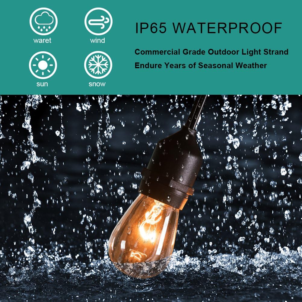 2 Pack 48 FT Outdoor String Lights Commercial Grade Weatherproof Strand 16 Edison Vintage Bulbs 15 Hanging Sockets, UL Listed Heavy-Duty Decorative Café Patio Lights for Bistro Garden - - 