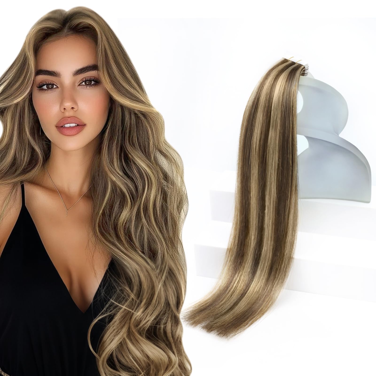 Photo 1 of Sunny Hair Tape in Hair Extensions Real Human Hair Invisible Remy Hair Extensions Tape ins for Women Dark Brown Highlight Caramel Blonde 18 inch 20Pcs 50G