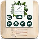 Palm Leaf Plates 50 Sets of 8 Inch with 48 Each Pcs of Knife, Spoon & Fork, Bamboo Plates Disposable for Appetizers, Eco-Friendly Biodegradable Wooden Plate for Parties, Catering,BBQ & Large Events