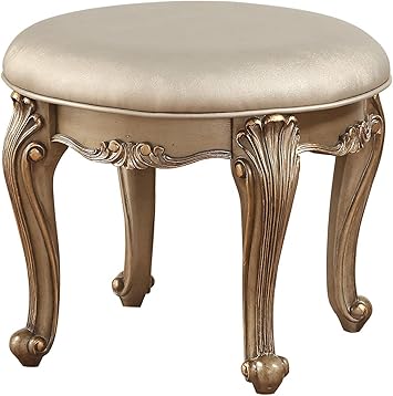 Amazon Com Benjara Wooden Vanity Stool With Round Leatherette Padded Seat And Queen Anne Legs Gold Furniture Decor