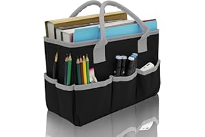 Cupohus Art Organizer Craft Storage Tote Bag with Pockets and Hadles, Oxford Fabric Carrying Caddy for Teacher, Officer, Artist, Students, Traveler, and more – Black with Grey Edge