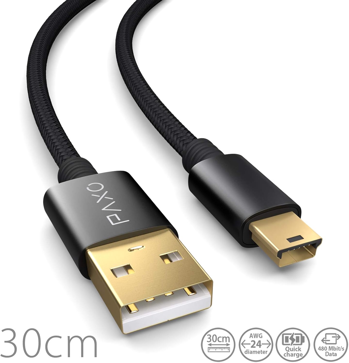 PAXO 0.3m nylon mini USB cable black, USB to mini USB charging cable, gold plug, braided cable (braided), 0.3 meter | black, 0,3 m - Image 3