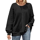 UEU Women Oversized Crochet Sleeve Sweatshirt Casual Loose Pullover Long Sleeve Lightweight Knit Top
