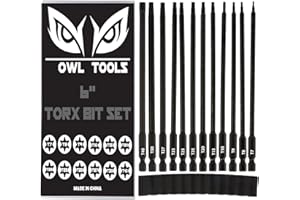 OWL TOOLS 6" Long Torx Bit Set (12 Pack of Drill Bits with Case) Security Tamper Proof Star Design in T7, T8, T9, T10, T15, T20, T25 x 3, T27, T30, and T40