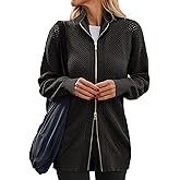 Women's Turtleneck Zip Up Cardigan Sweaters Oversized Drop Shoulder Long Sleeve Casual Solid Mesh Knit Jumper Tops