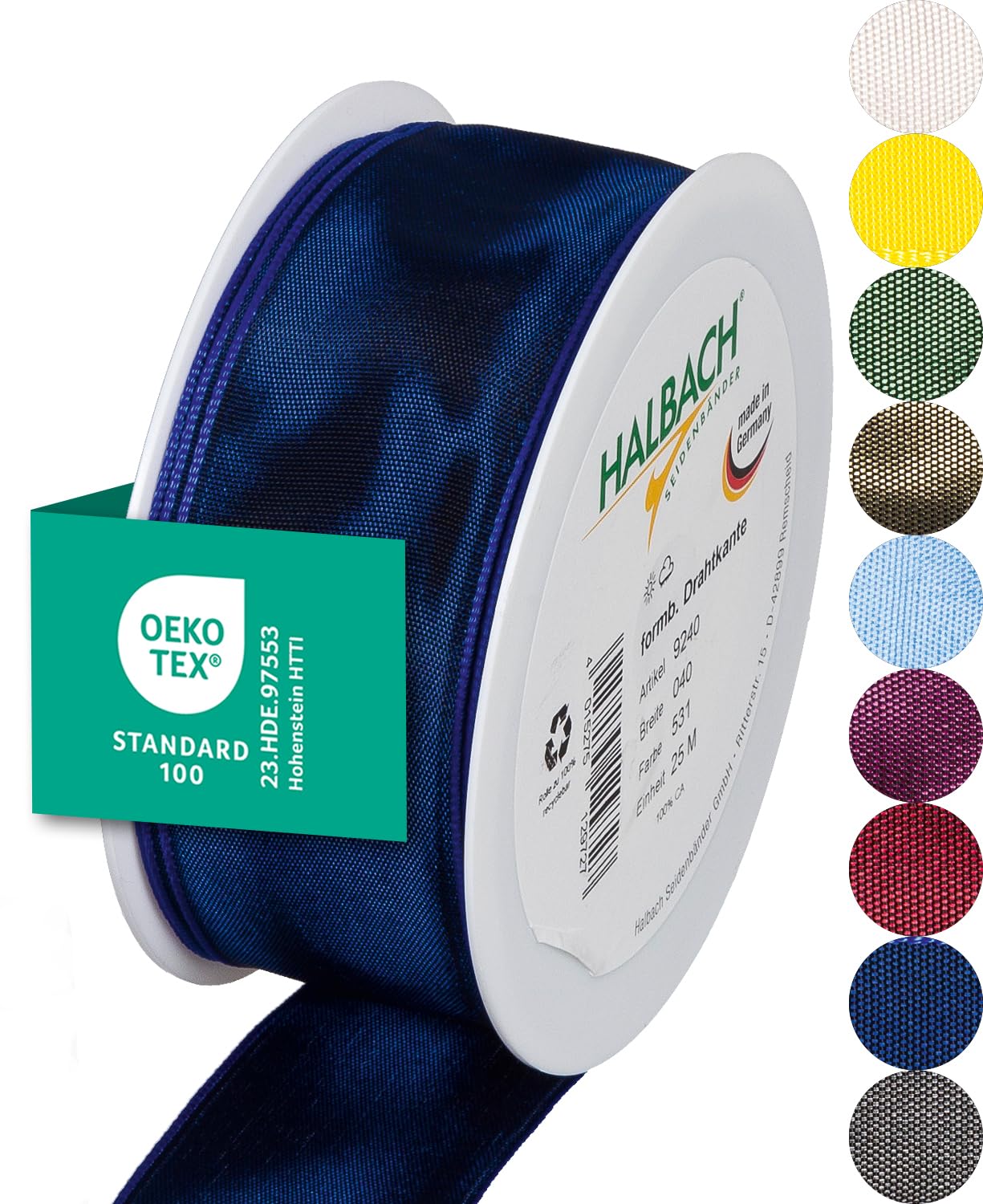 Halbach Seidenbänder Premium Gift Ribbon with Wired Edge, Width 40 mm, Length 25 m, Oeko-Tex 100 Certified, Made in Germany, Dark Blue — image 1