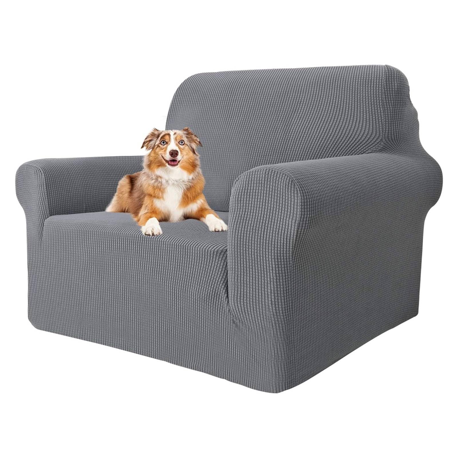 MAXIJIN Super Stretch Chair Covers for Living Room, 1-Piece Universal Chair Slipcover with Arms Jacquard Spandex Chair Protector Dogs Pet Friendly Sofa Couch Armchair Cover (1 Seater, Light Grey)