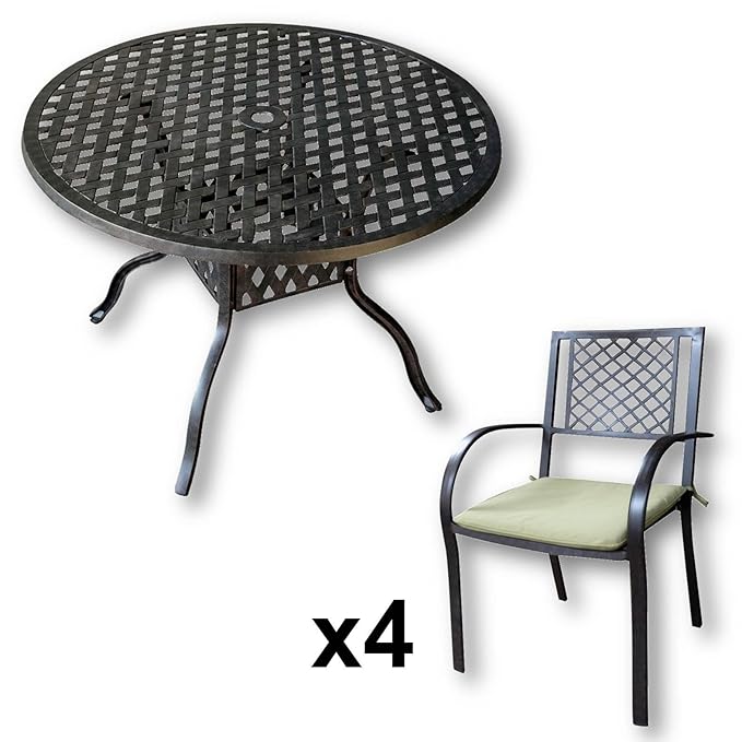 Lazy Susan - Lisa 106 cm Runder Gartentisch mit 4 Stühlen - Gartenmöbel Set aus Metall, Antik Bronze (Jane Stühle, Grüne Kiss