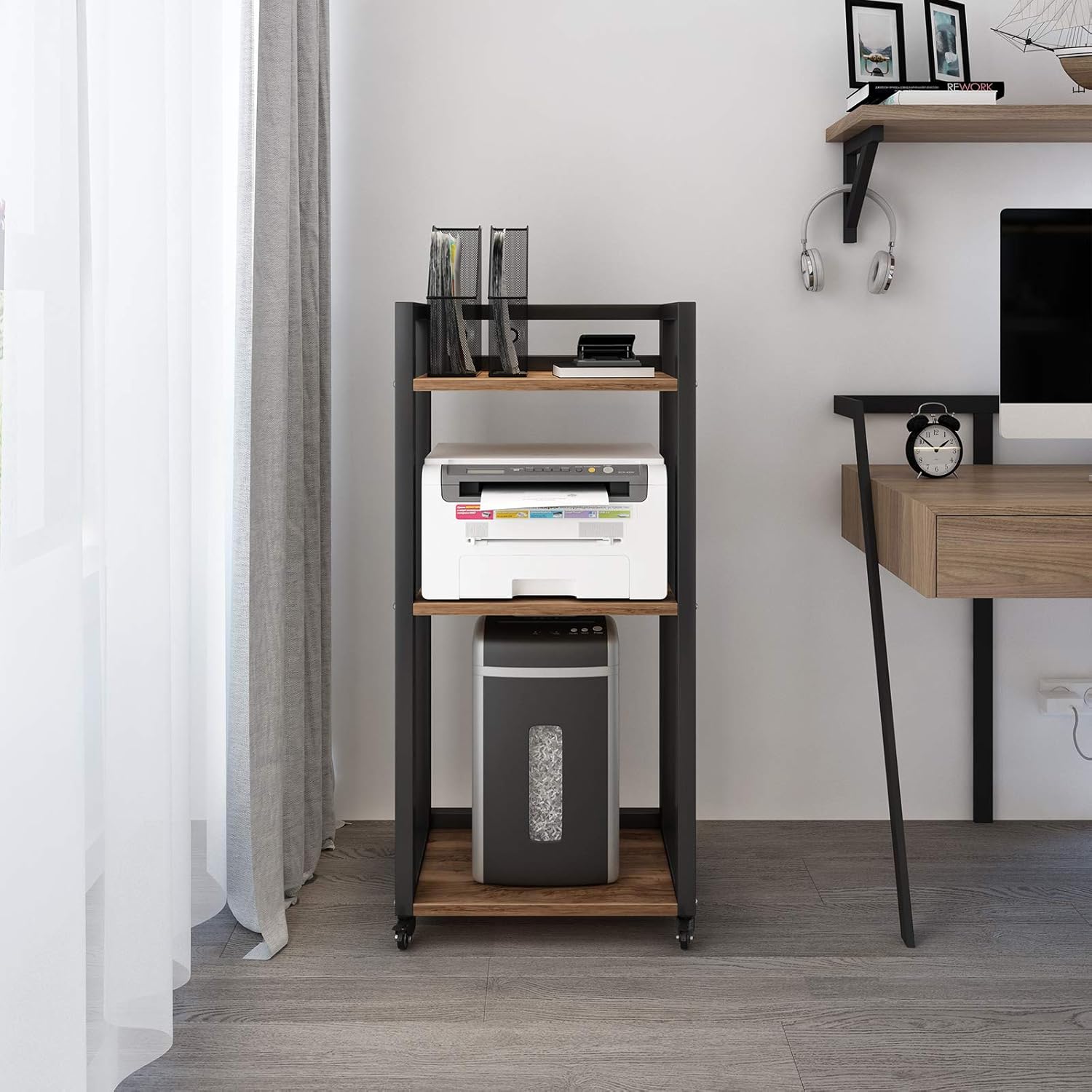 Natwind 3-Tier Movable Floor-Standing Printer Stand Shredder Stand Adjustable Storage Rack with Wheels Computer Host Stand Office Appliances Storage Shelf for Fax Scanner Files Books Stationery(Retro) : Office Products