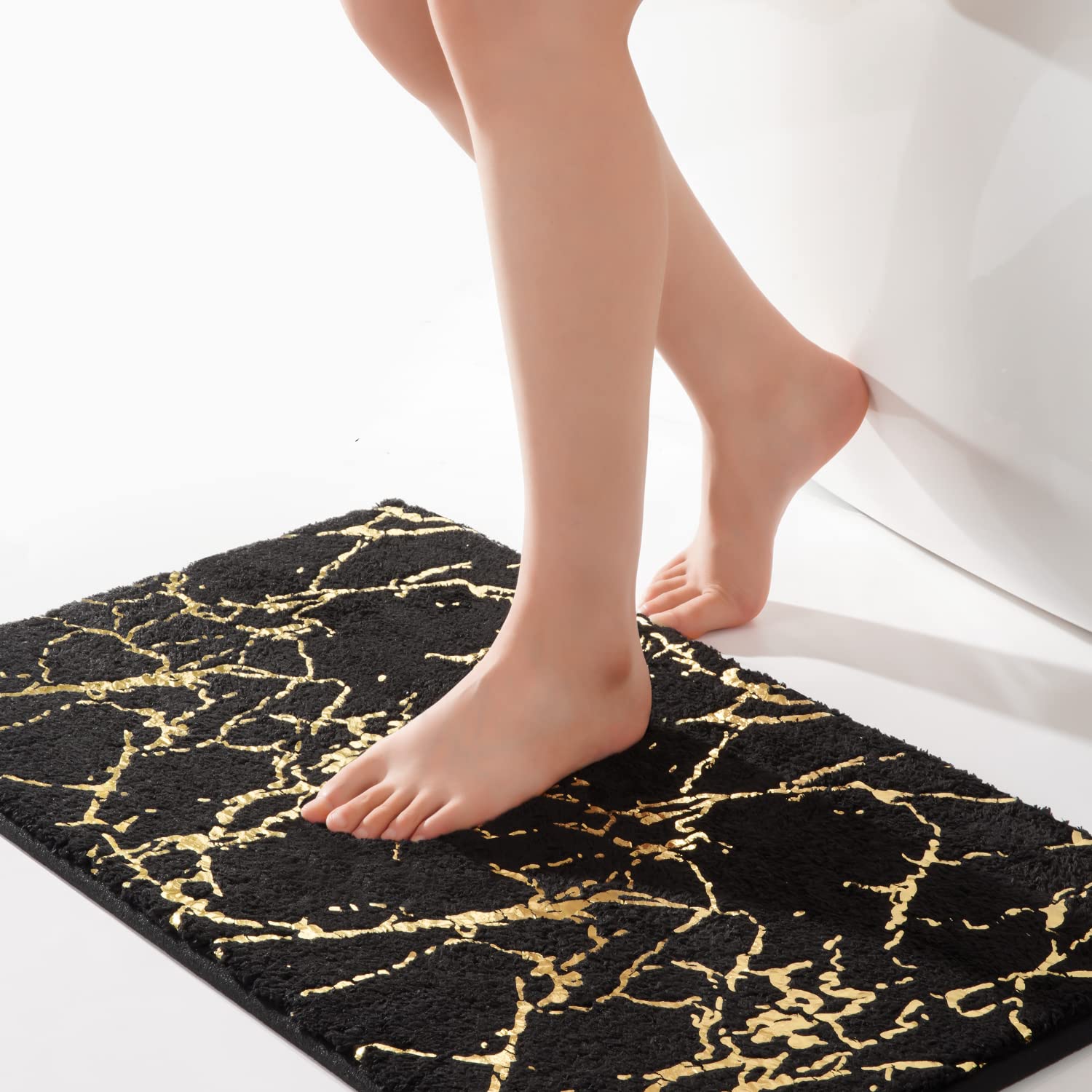 QJHOMO Black Bath Mat 50 x 80 cm Bathroom Mat Non Slip Bath Mats Gold Stripes Marble Rug Absorbent Microfiber Bathroom Rug Machine Washable Floor Carpet for Shower, Living Room, Bedroom — image 1