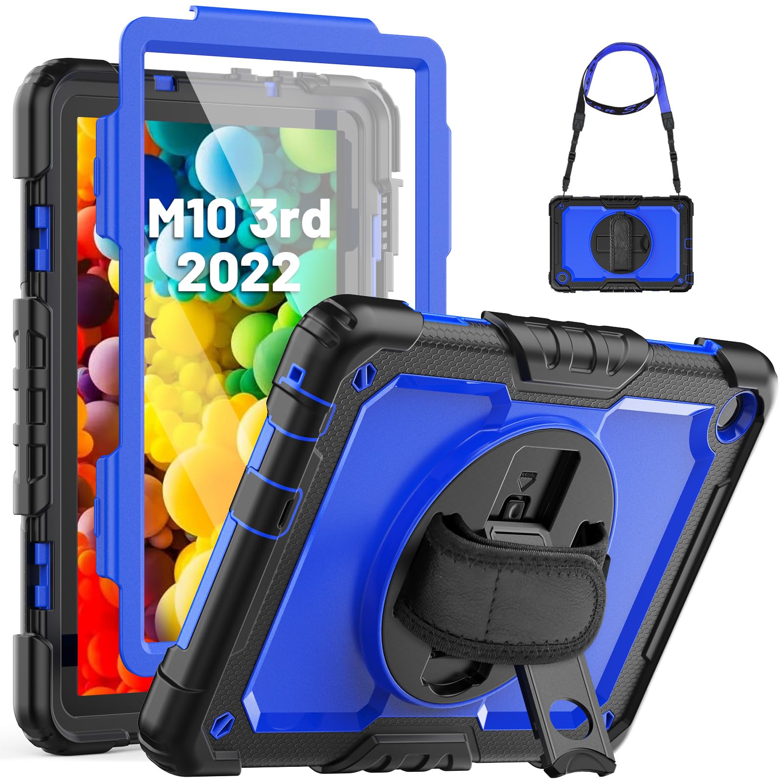 SEYMCY Case for Lenovo M10 3rd Gen 10.1 Inch 2022 (NOT Fit 2025/2020 Version), Full-body Shockproof with Screen Protector, 360° Rotating Stand & Hand Strap, Carrying Strap (TB328FU, TB-328XU), Blue