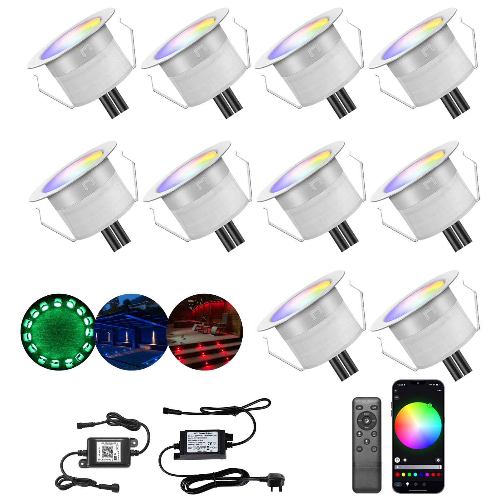 INDARUN RGB WiFi Led Decking Lights Waterproof IP67 Ø45MM 12V - Led Plinth Light Kits for Terrace/Patio/Path/Wall/Garden/Decoration, 10 Packs