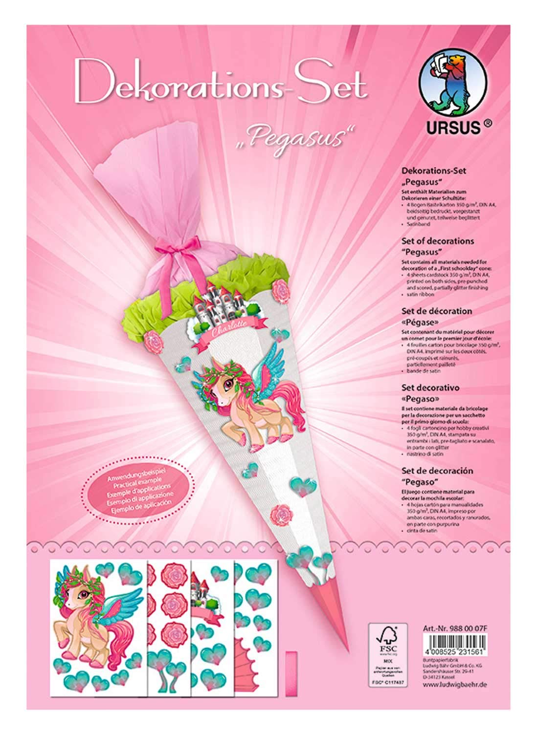 Ursus Pegasus 9880007F Decorative Set 4 Sheets of Craft Cardboard DIN A4 Printed on Both Sides Pre-Cut Grooved for Decorating a School Cone Partially Finished with Satin Ribbon Colourful