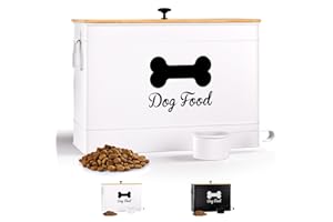 HB DESIGN CO. Dog Food Container Airtight 15 lb (50 Cup) Capacity with Metal Scoop - Cute Airtight Dog Food Storage Container with Bamboo Lid - White Metal Kibble Storage Bin for Dogs up to 100 lbs - Big Pet Jar