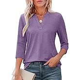 ATHMILE Womens V Neck 3/4 Sleeve T Shirts Spring Summer Tops Tunic Casual Tees Henley Beach Vacation Basic Fashion Clothes