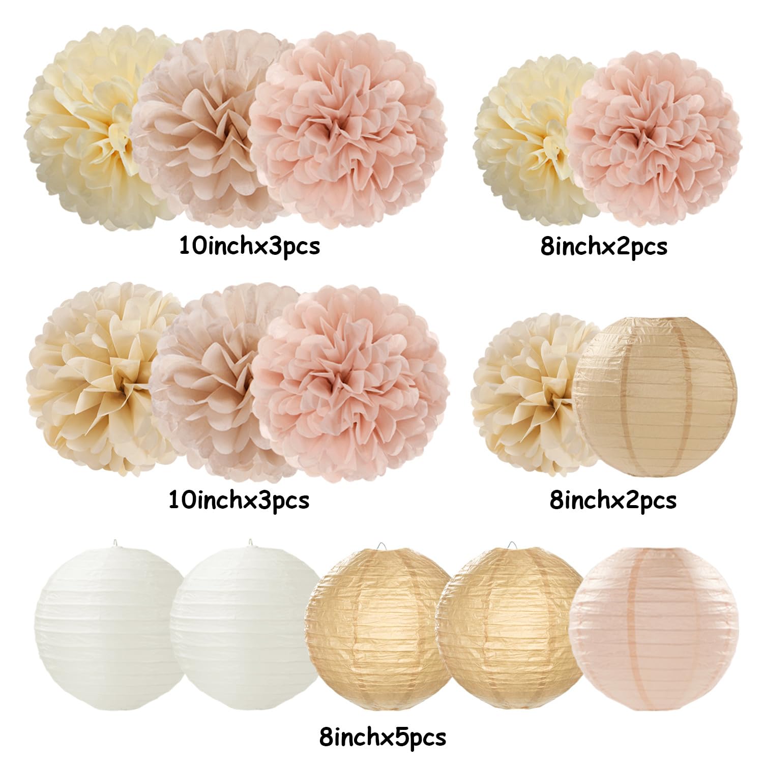 Champagne-Gold White Party-Decorations Paper-Flowers Lanterns - 15PCS Boho Fall Rustic Tissue Pom Poms Streamers,Wedding Baby Bridal Shower Neutral Autumn Birthday Hanging Supplies Decor Hugfond