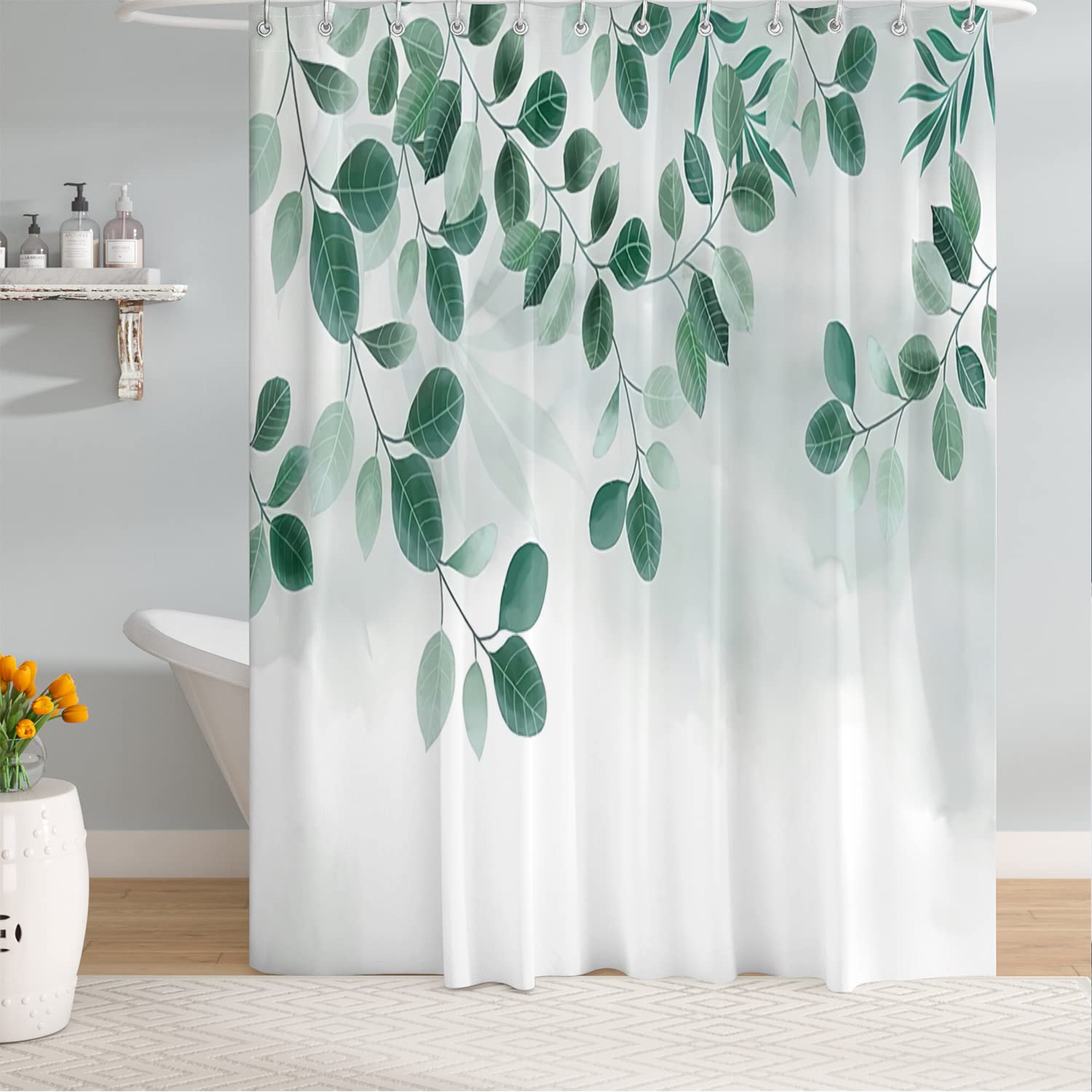 M&W DAS DESIGN Shower Curtain for Bathroom, Polyester Fabric, Hanging Leaves, Green Plants, Natural Tree, Anti-Mould, Waterproof Bath Curtain Including 12 C-Rings, Weighted Hem, 180 x 200 cm