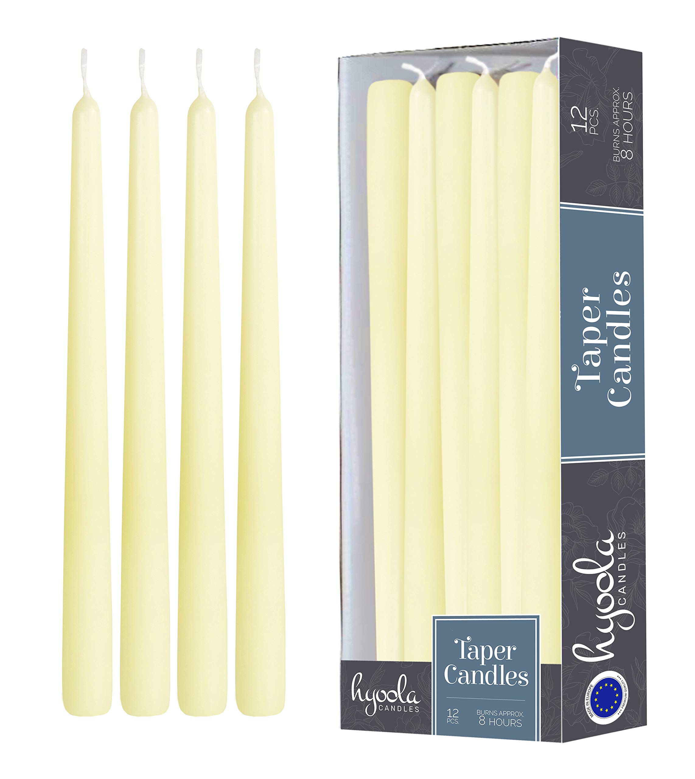 Hyoola Ivory Taper Candles - 250 mm (10 Inch) Unscented Dripless Taper Candles - 8 Hour Burn Time - 12 Pack