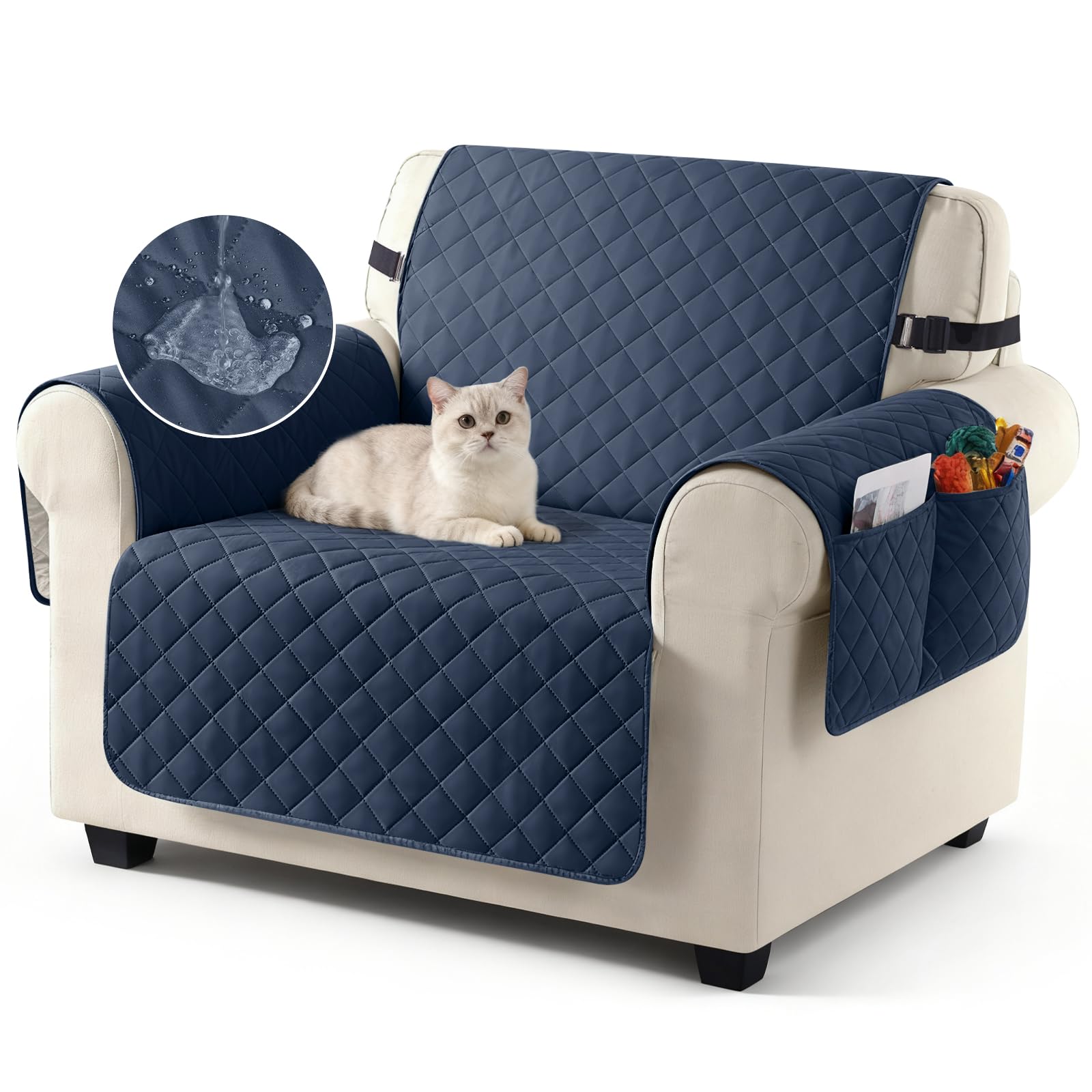 TAOCOCO Sofa Covers 100% Waterproof Sofa Slipcovers 1 Seater,Settee Covers with Storage Pockets,Non Slip Couch Covers,Washable Sofa Protector for Kids/Dogs/Pets(Dark Blue)