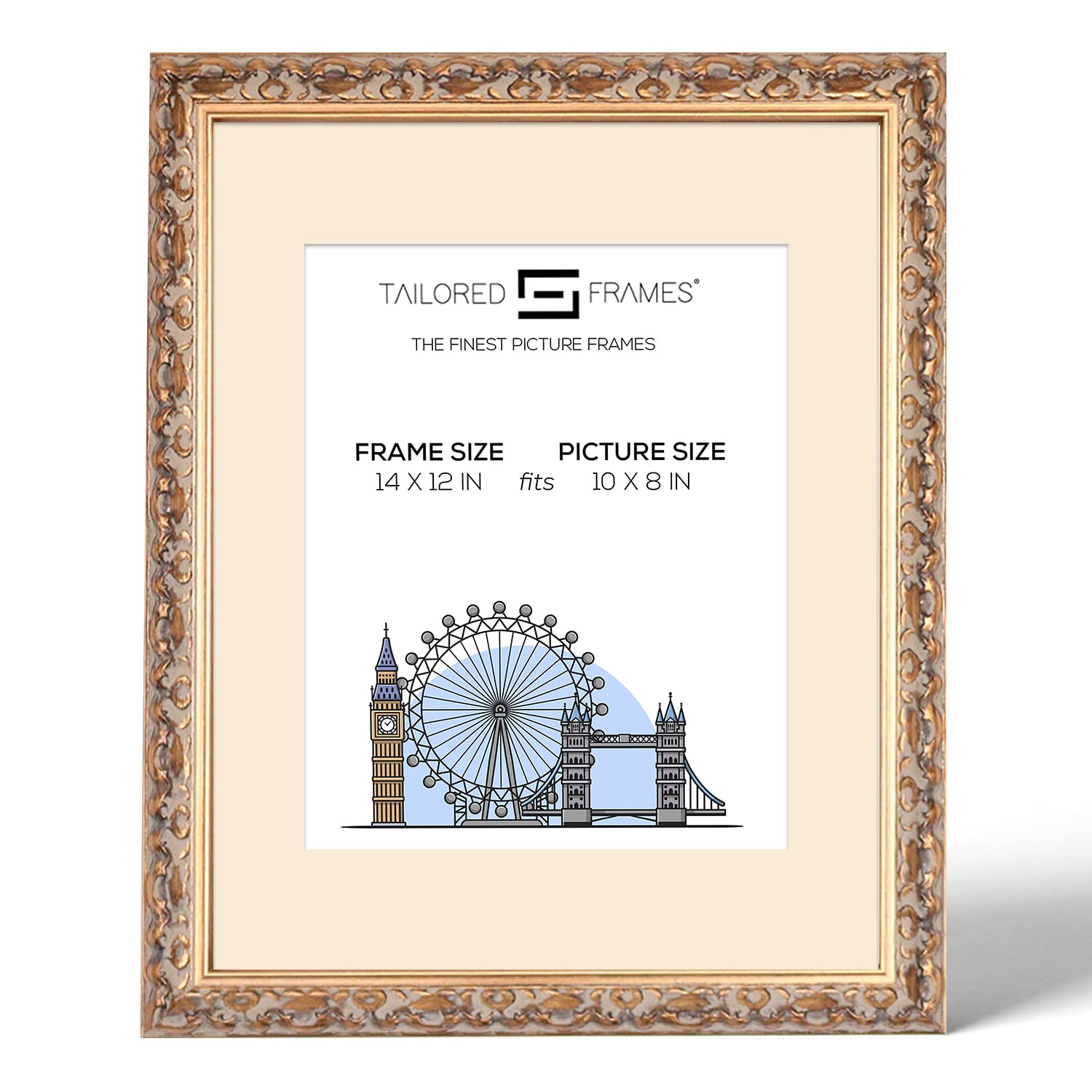 Tailored Frames Vienna Gold 14" X 12" Frame for 10" X 8" Picture | Rustic Style Vintage Single Picture Frame | Wall Hanging Type | Photo Frame with Antique White Mount