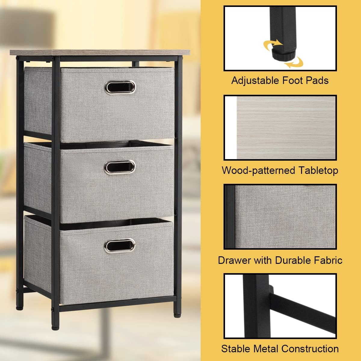 Giantex Vertical Dresser Storage W 3 Fabric Drawers Easy Pull Fabric Bins Steel Frame And Wood Top 3 Tier Organizer Tower Unit For Bedroom Hallway Entryway End Table 1 Black Home Kitchen Storage Organization