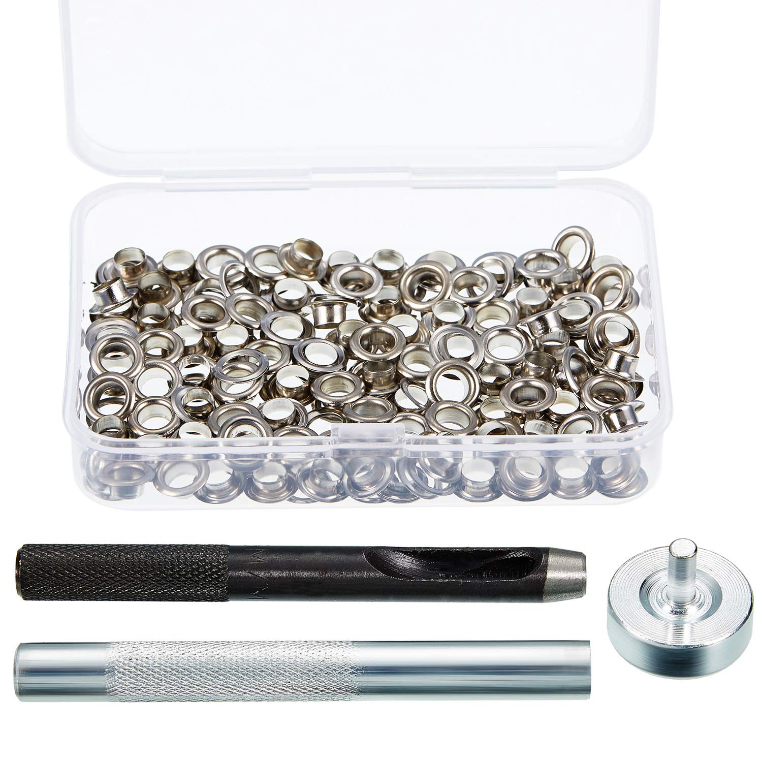 Photo 1 of Pangda 100 Sets Grommet Eyelets Tool Kit, Grommet Setting Tool and Eyelets with Setting Tools and Storage Box for Fabric, Tarps, Curtains(3/16 Inch Inside Diameter,Silver)