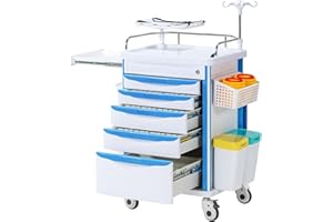 VEICAR 5-Tier Medical Cart, Hospital Emergency Rolling Crash Carts with Adjustable IV Pole, Silent Casters, Trash Bin & O2 Holder, Needle Disposal Holder - Ideal Nursing Trolley for Clinics, Hospitals