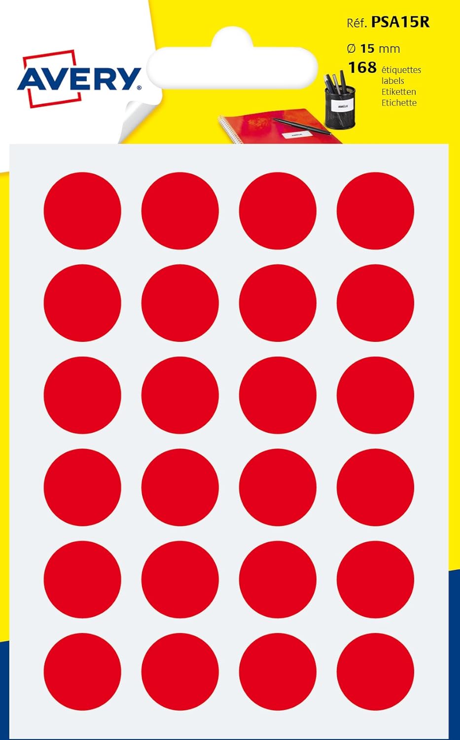 Avery, Circle Stickers, 15mm, Red, Small Round Dot Adhesive Labels, 168 Per Pack (PSA15R)