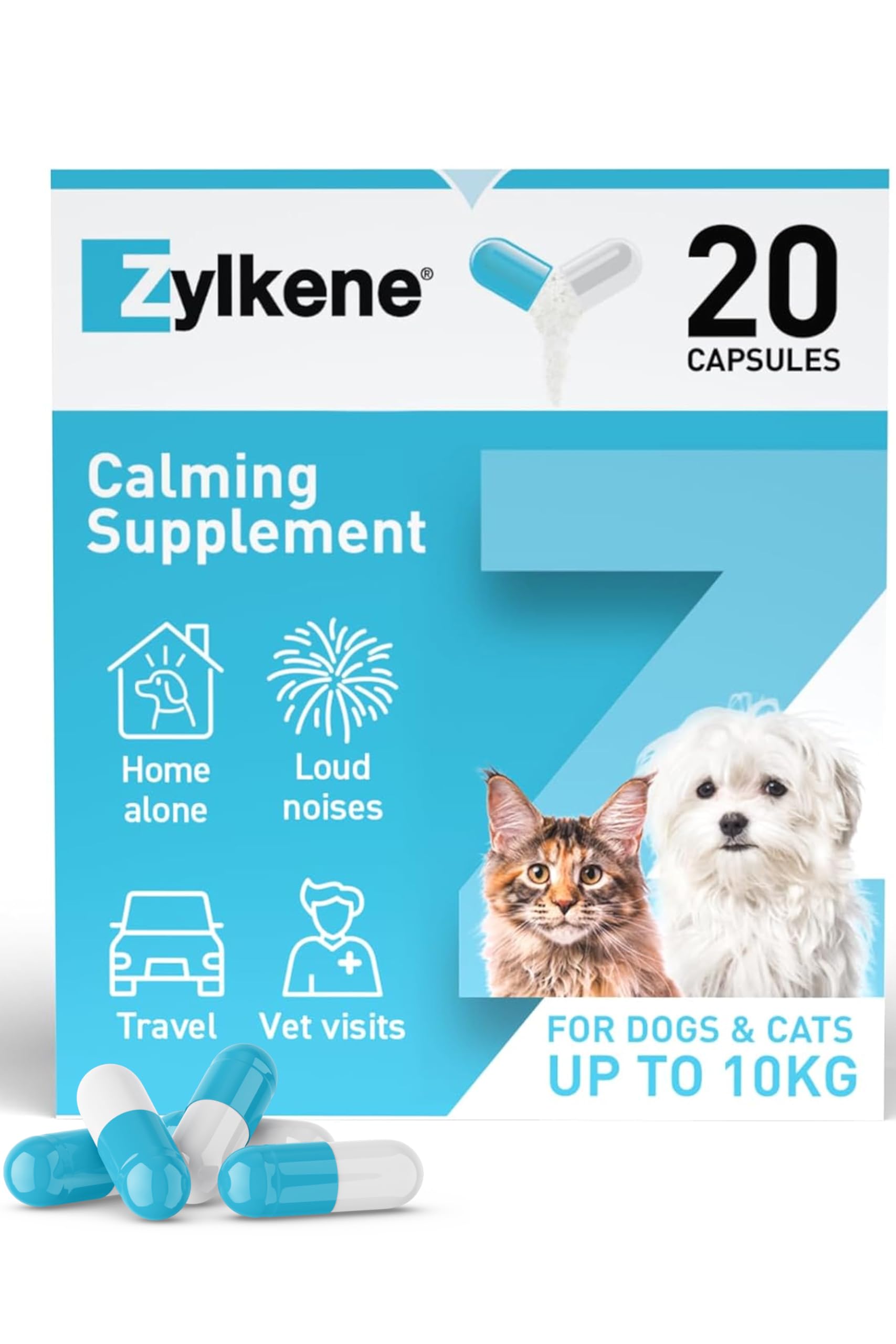 Zylkene Calming Supplements for Cats & Dogs up to 10kg 75mg | Promotes Relaxation | Helps Pets cope with Short-Term challenging situations: Loud Noises | Easily Administered | 20 Capsules