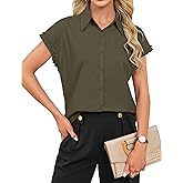Blooming Jelly Womens Button Down Shirt Ruffled Cap Sleeve Business Casual Tops Collared Wrinkle Free Summer Work Blouse
