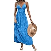 Milumia Women's Summer Smocked Cami Maxi Dress Boho V Neck Spaghetti Strap A Line Flowy Beach Long Sundress