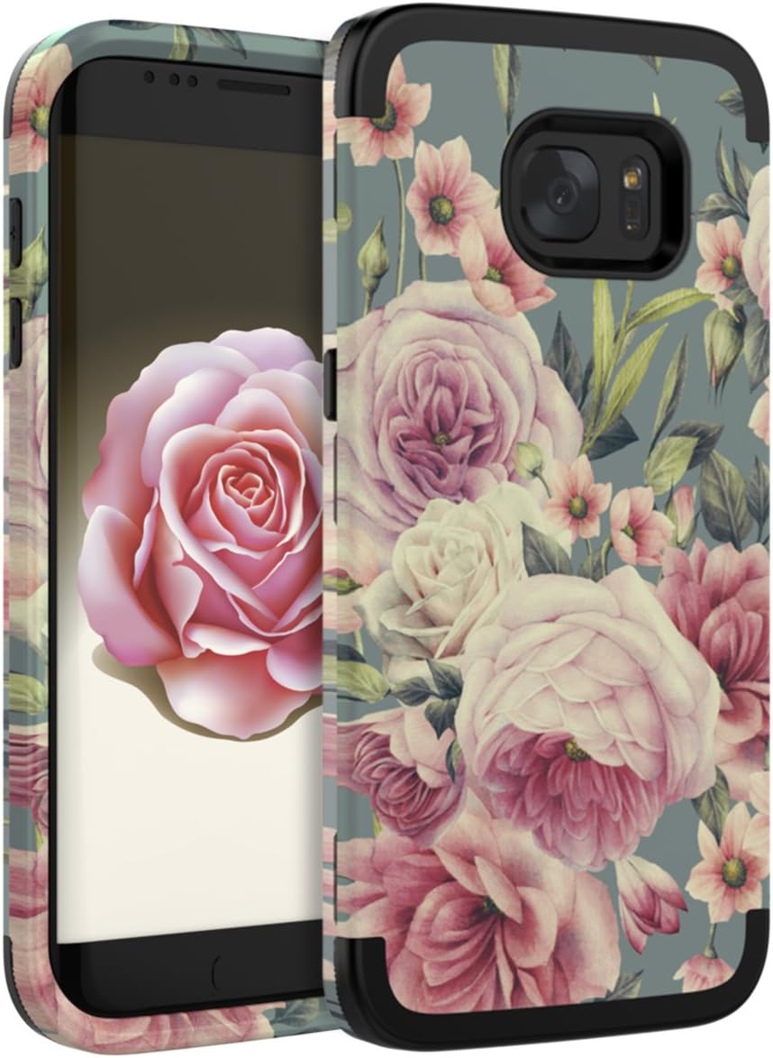 Galaxy S7 Edge Case,OBBCase Samsung Galaxy S7 Edge Cute Floral Case,Three Layer Heavy Duty Silicone + Plastic Hybrid High Impact Resistant Protective Cover Case for Samsung Galaxy S7 Edge,Flower Black