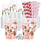 FYSUIMU 50Pcs 12Oz Strawberry Floral Plastic Cups with Lids & Straws Pink Red Strawberry Flower Clear Disposable Cups for Spring Summer Party Supplies