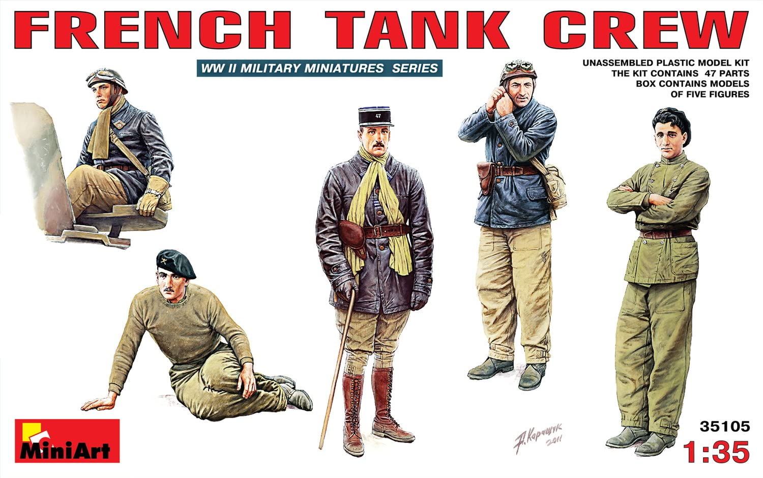 Miniart 1:35 Scale French Tank Crew Plastic Model Kit, Brown, Green, Red