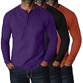 Ficerd 3 Pack Men's Big and Tall Henley T-Shirts Long Sleeve Plus Size Cotton Blend Tee Loose Fit Casual Fall Basic Tops