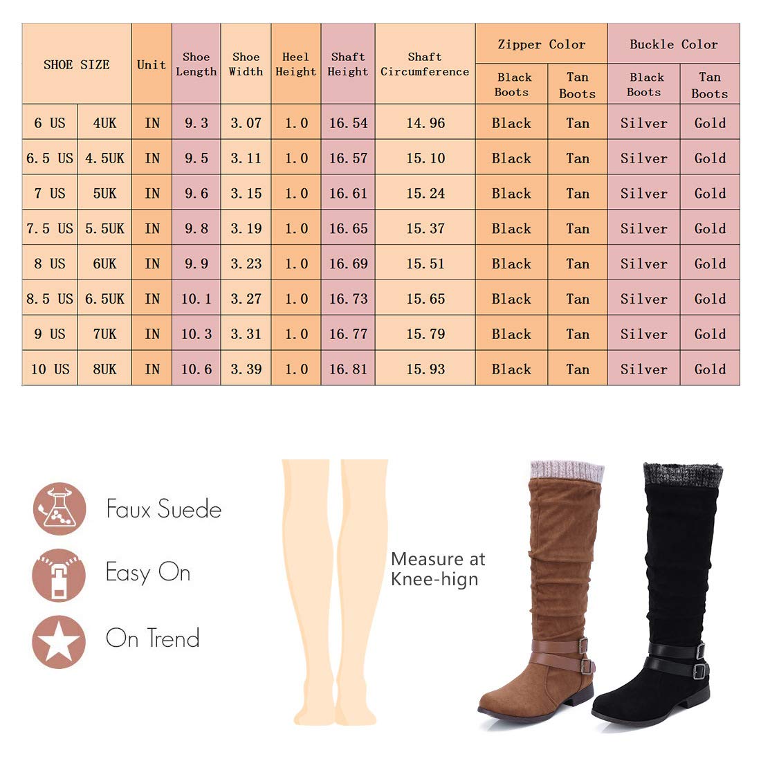 CAMEL CROWN Women\'s Faxu Suede Knee High Slouch Boots Wide Calf Low Block Heel Winter Riding Boots with Zipper Buckle Strap,Tan,Size 5.5UK