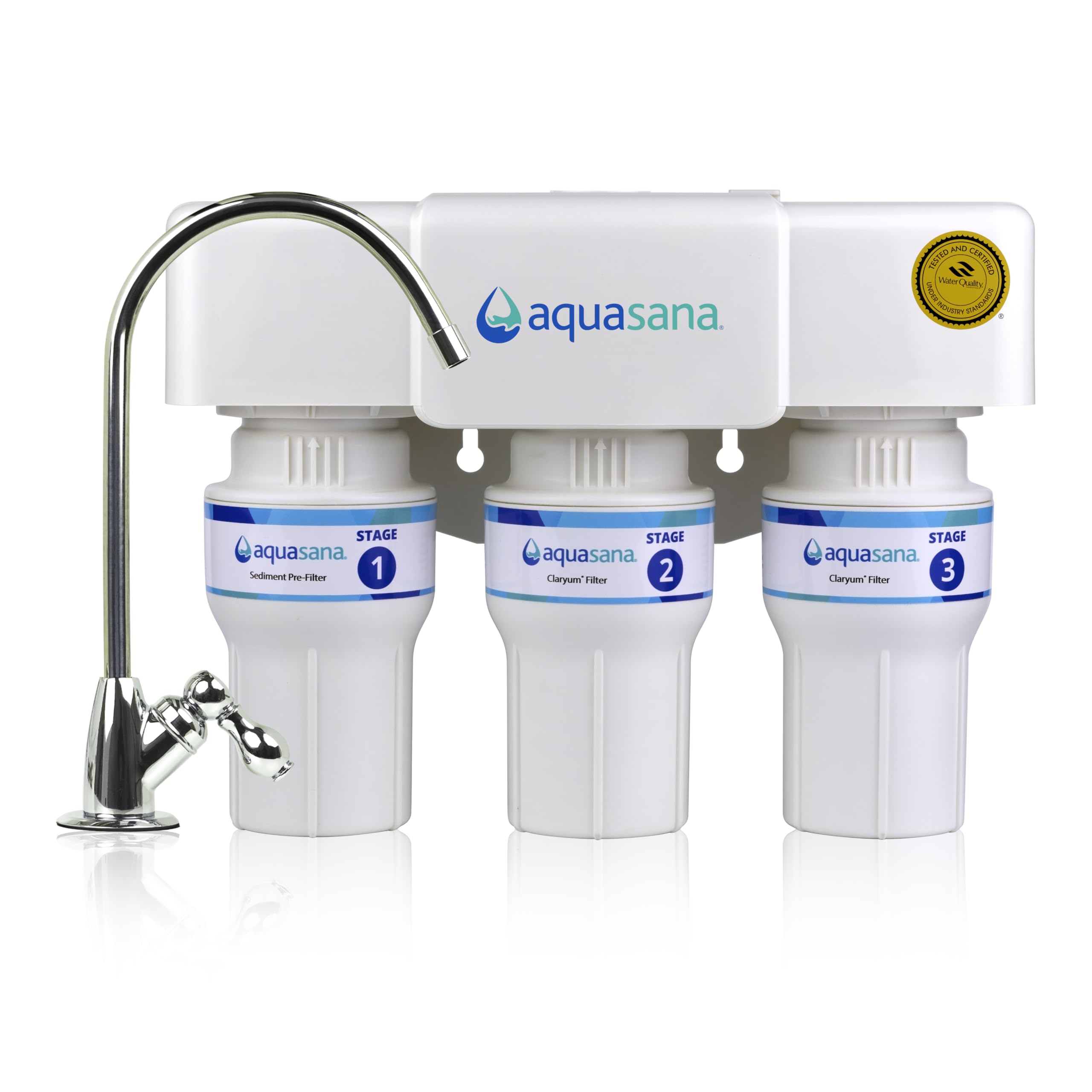 Aquasana Under Sink Water Filter | 3-Stage Claryum Filtration | Reduces up to 99.99% of PFAS, Lead, Chlorine, & More | Under Counter Drinking Water Filter | Includes Chrome Faucet | AQ-6300-CHR
