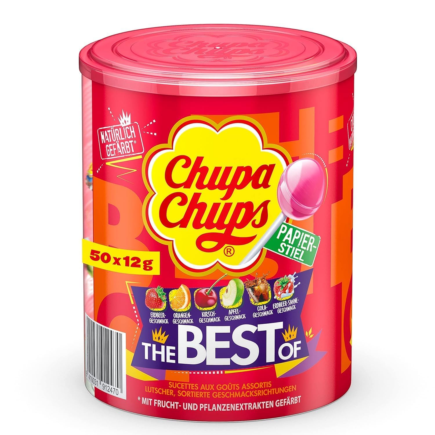 Chupa Chups Best of Lutscher-Dose, enthält 50 Lollis in 7 Geschmacksrichtungen Cola, Apfel, Erdbeere und weitere, geeignet für Geburtstag, 50 x 12g