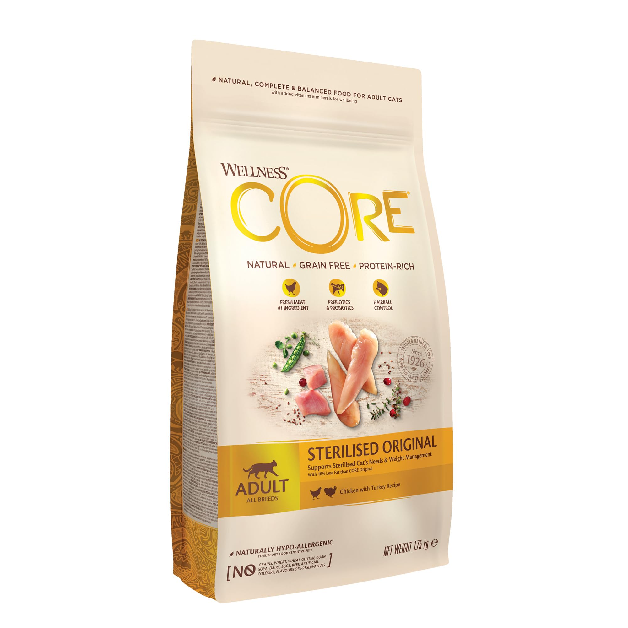Wellness CORE Sterilised Original 1.75 kg, Chicken & Turkey – Dry Cat Food for Sterlised/Indoor Cats, Grain-Free, Natural, Hypoallergenic, Protein-Rich, Supports Healthy Weight Management